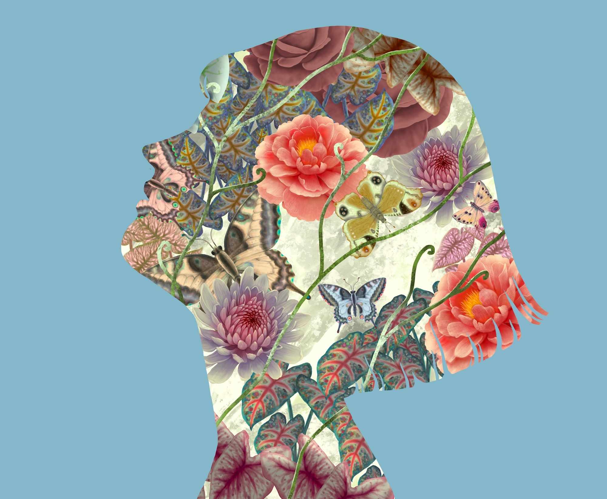 A person's side profile silhouette against a plain background. Inside of the silhouette are plants, flowers, and butterflies.